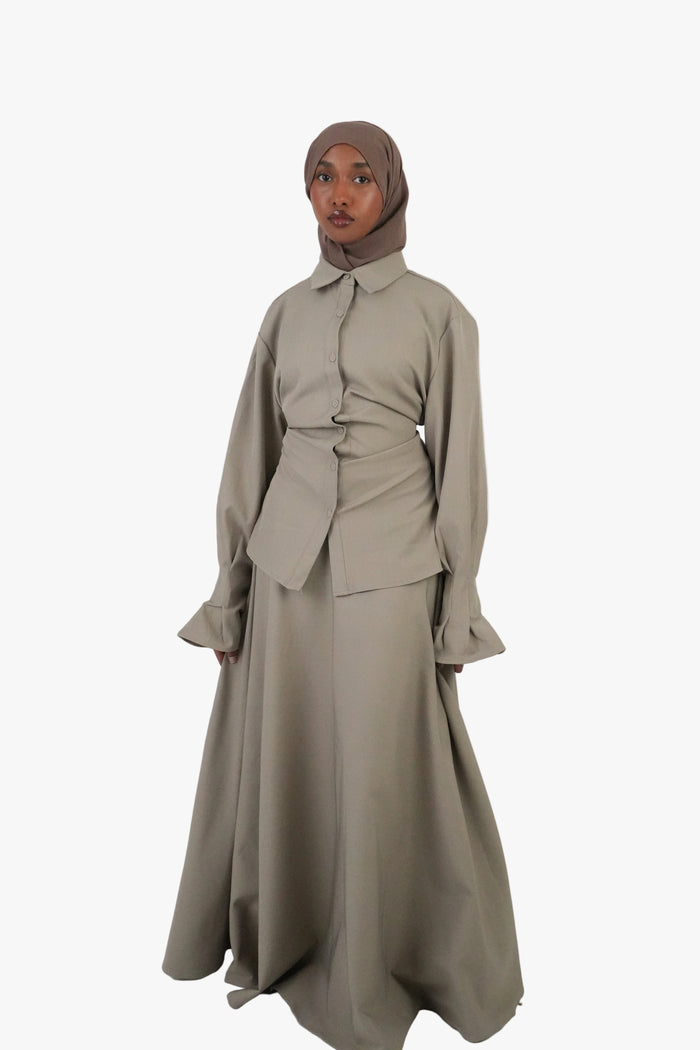 Fitted Ruched Waist Shirt & Maxi Skirt